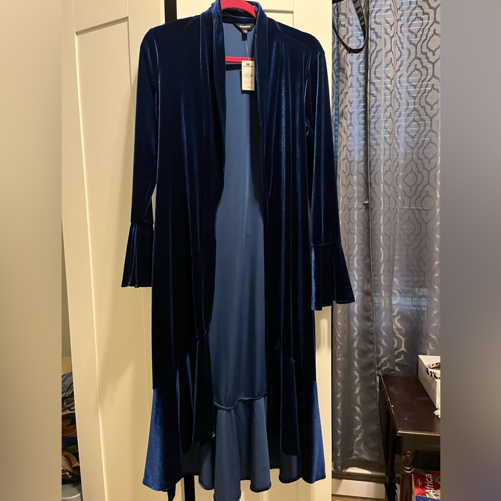 NWT Express Long Blue Velvet Cardigan